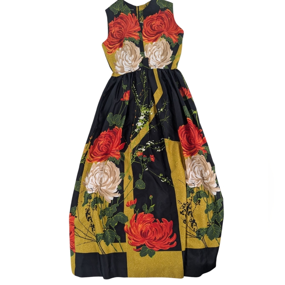 Vintage Long Black Satin Sleeveless Dress With Red And Gold Floral Pattern, 60s